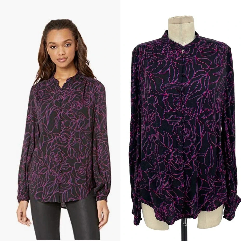 Equipment Cornelia Top True Black / Amaranth Pink Squiggle Floral Size Small